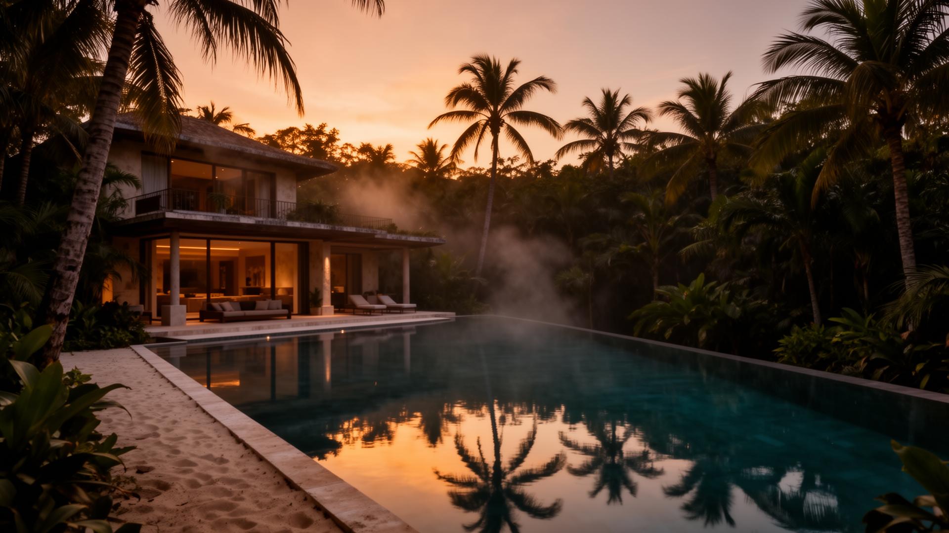 Luxury jungle villa at dusk in Tulum